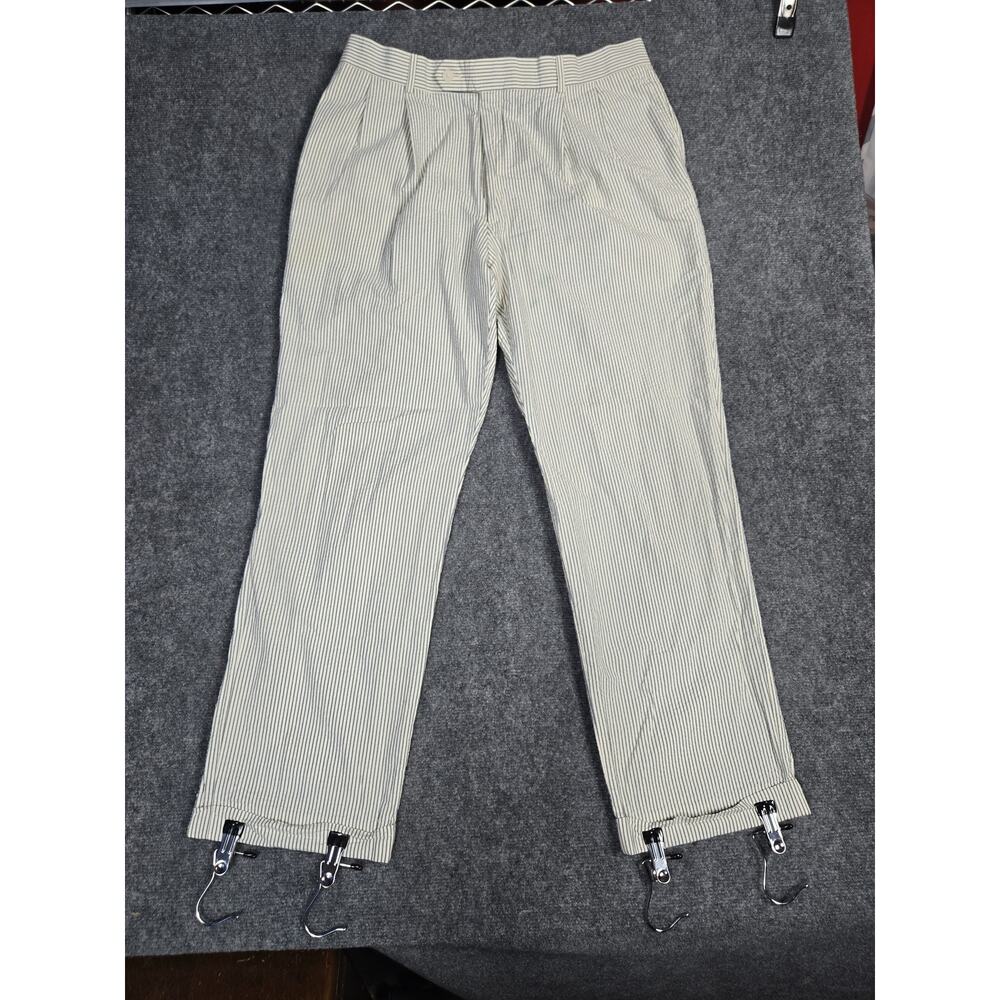 Haspel Men's 36W 32L Seersucker Pleated Dress Pants Off-White Blue Striped